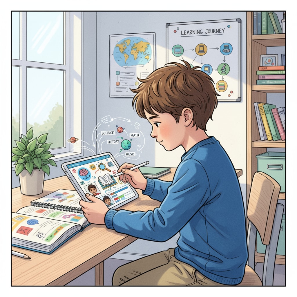 A student is sitting at a desk, concentrating on using a tablet to access online learning resources. A student using teaching methods, technology, and traditional tools for learning