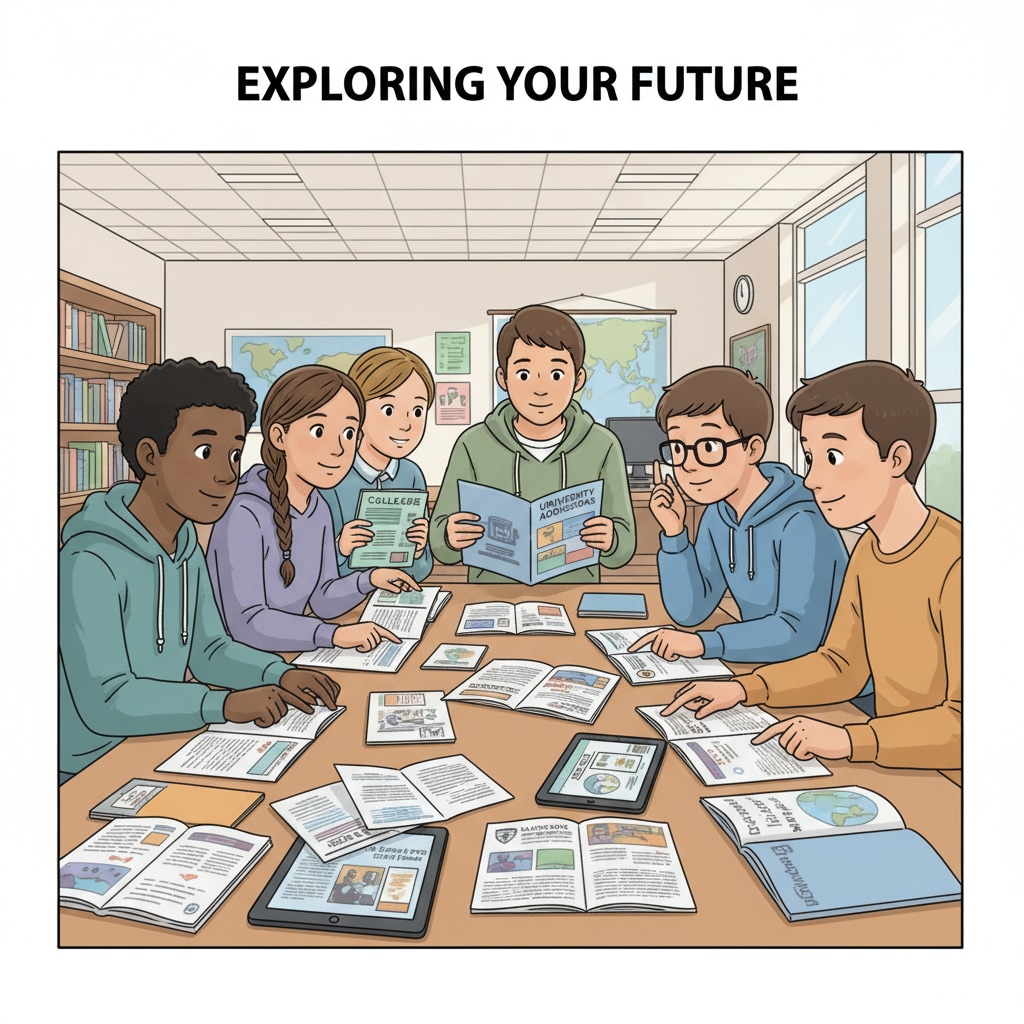 Dropout teenagers exploring educational choices through brochures