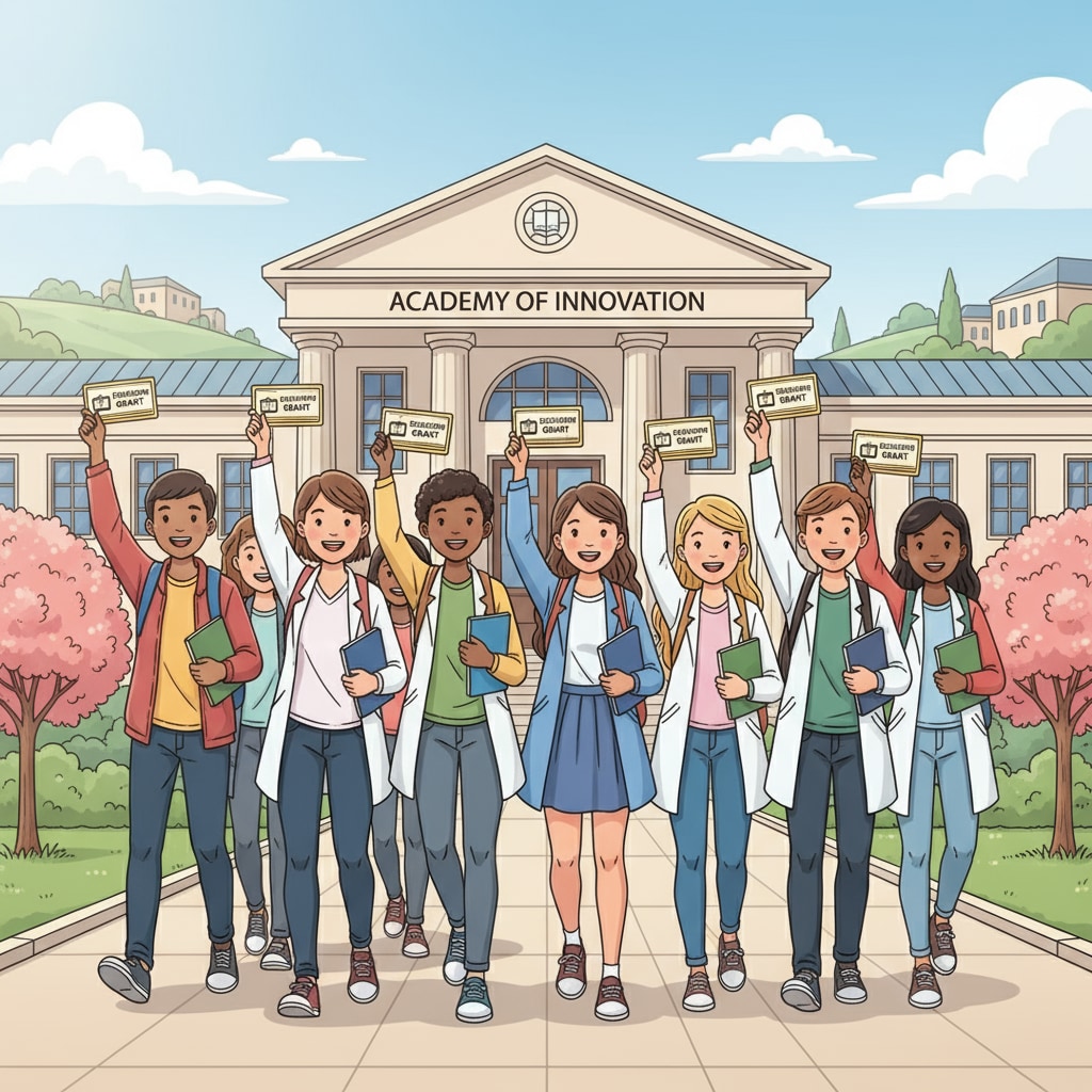 Happy students entering a new school with vouchers related to education policy and public school funding