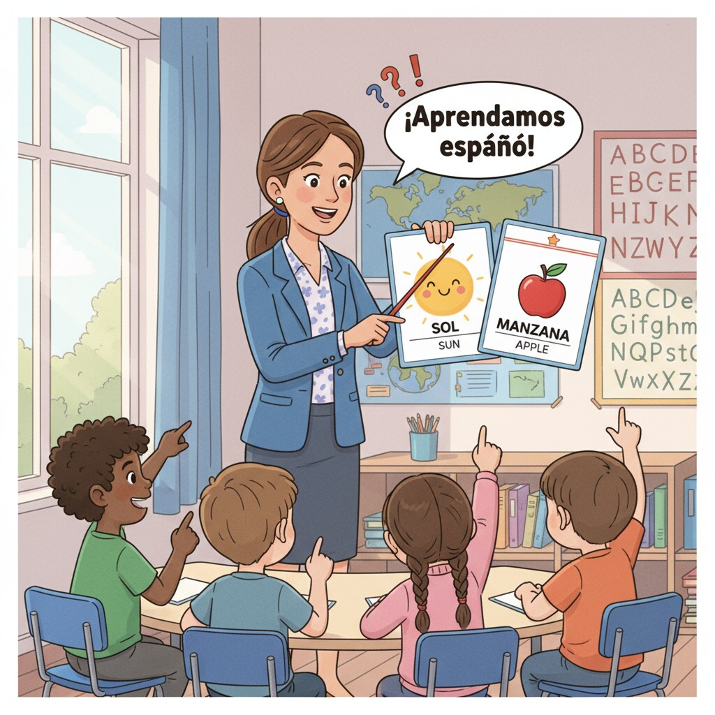 Teacher using flashcards for second language teaching in early primary school