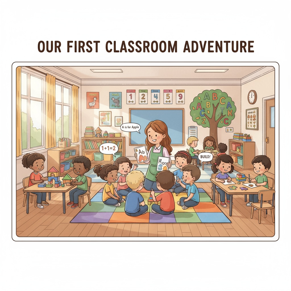 A kindergarten classroom scene where children are actively participating in learning activities, symbolizing the beginning of their educational experience. Kindergarten classroom with children engaged in learning, related to gifted education programs, kindergarten admissions, and educational equality