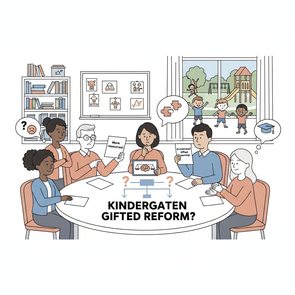 A group of parents having a serious discussion about the reform of kindergarten gifted classes, reflecting the different opinions and concerns in society. Parents discussing kindergarten gifted class reform, associated with gifted education programs, kindergarten admissions, and educational equality