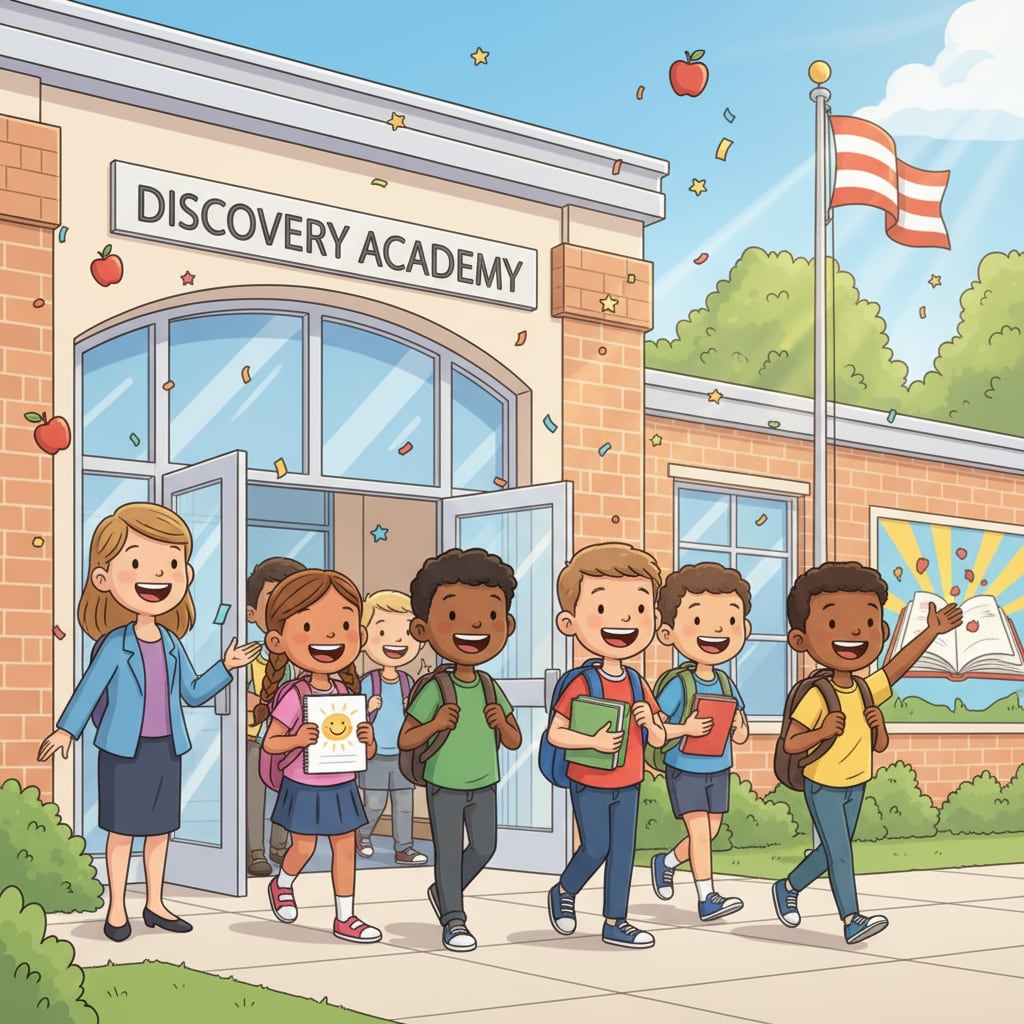 A group of students are smiling as they enter a new school building, showing a positive start to a new educational journey. Students adapting to a new school during student transition and educational adaptation.