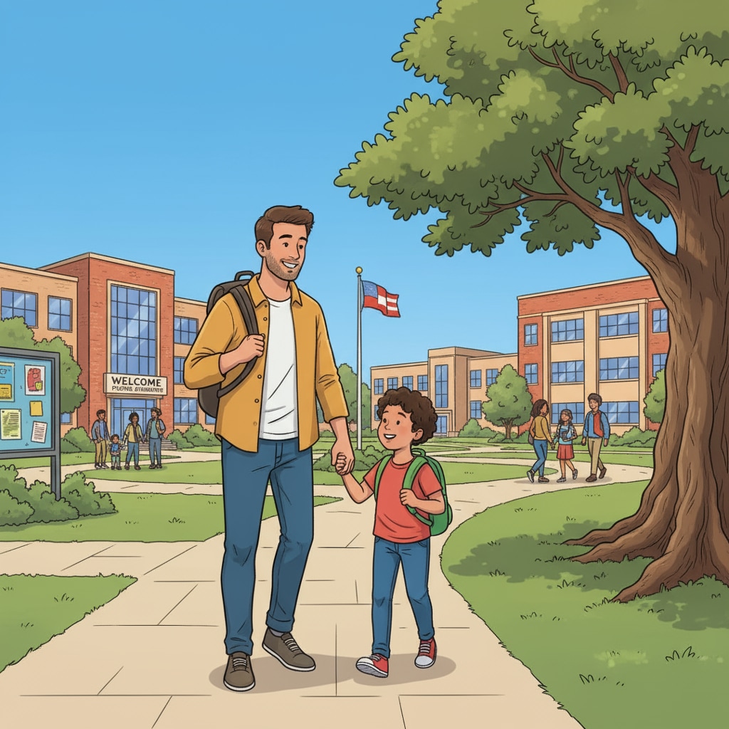 A parent and child are walking around a school campus, exploring the new environment before the student's grade transition. Parent and child preparing for educational adaptation and grade transition.
