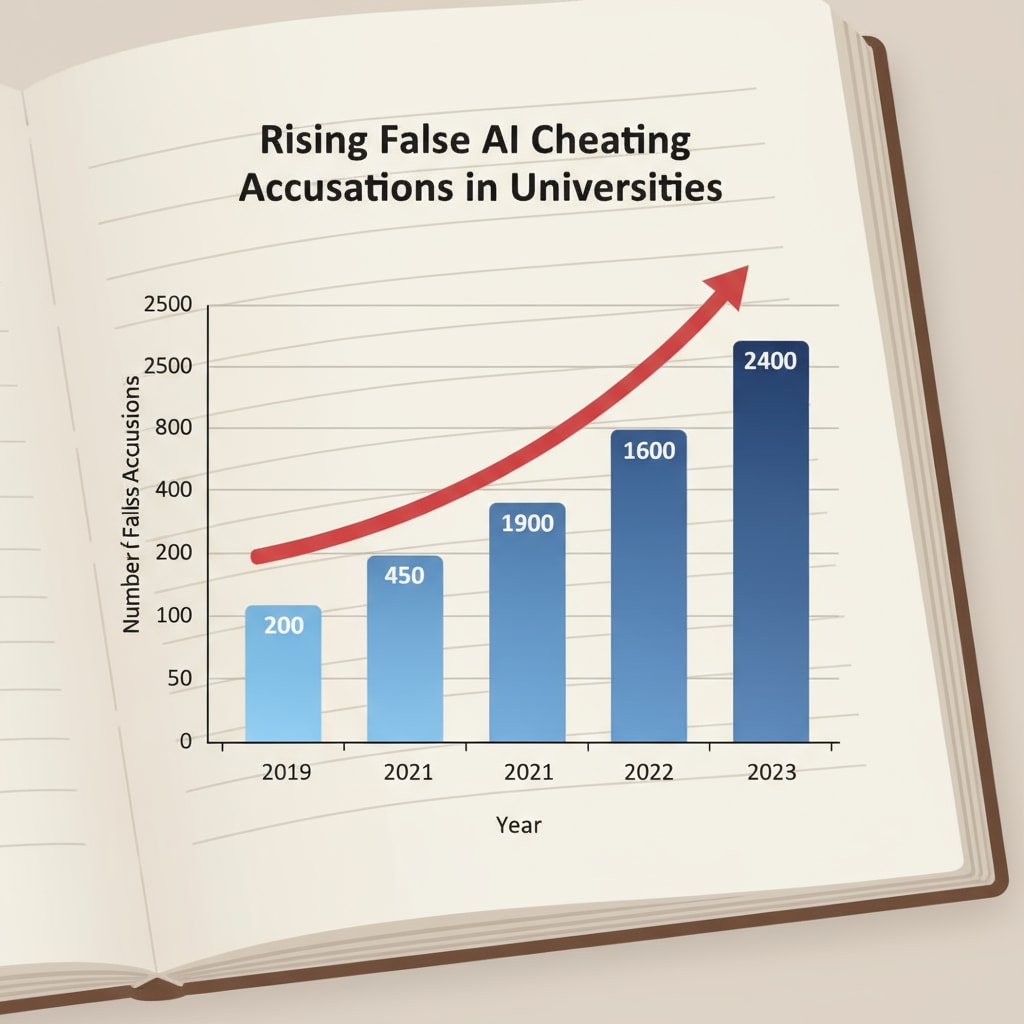 A bar graph presenting the upward trend of the number of false AI cheating accusations in universities over the past few years. Graph showing the increasing number of false AI cheating accusations in universities