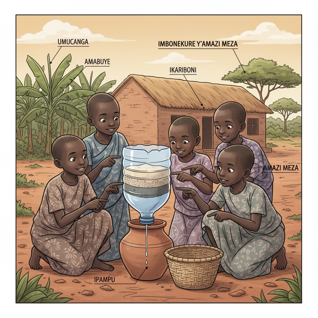A group of rural Rwandan children are observing a simple water filtration setup made from local materials with curious expressions on their faces. Rural Rwandan children exploring a water filtration STEM project
