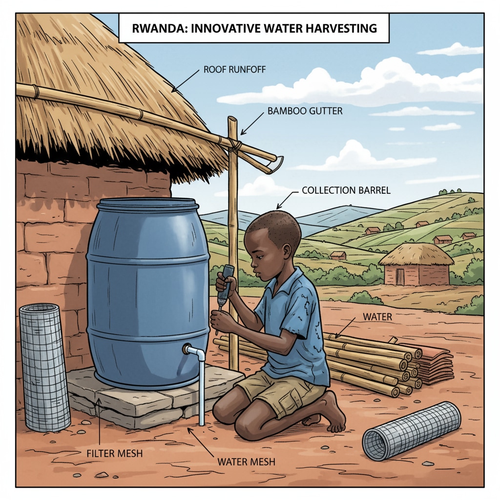 A young child in rural Rwanda is attentively building a rainwater harvesting device using basic tools and materials. Rural Rwandan child engaged in a rainwater harvesting STEM project