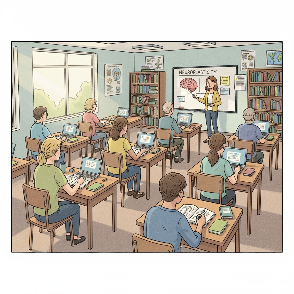 A classroom scene where adult learners are attentively studying, with desks, chairs, and educational materials visible. Adult learners in a classroom setting for academic completion and credit acquisition