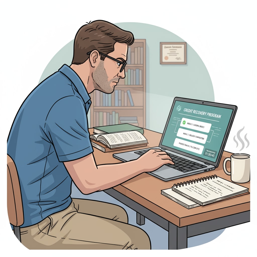 An adult learner sitting at a desk, focused on a laptop screen, engaged in online study for credit recovery. Adult learner using a laptop for online study to obtain graduation credits