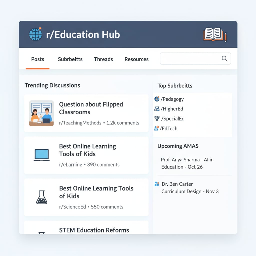 A screenshot of the Reddit education community homepage, showing various subreddits and discussion threads Screenshot of Reddit education community homepage with subreddits and threads