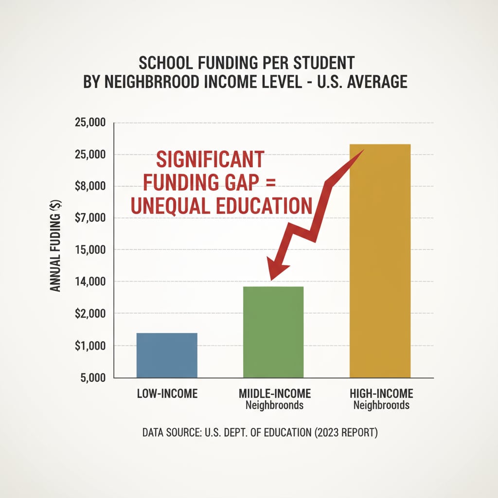 This is a graph that shows the significant difference in school funding between different income-level neighborhoods in the United States, highlighting the inequality in the education system. Graph showing school funding disparity in American K12 education