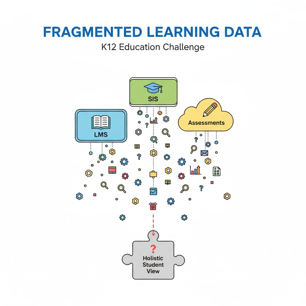 A graphic showing multiple learning platforms with scattered data icons, representing the fragmented data problem in K12 education. Graphic depicting fragmented data across multiple learning platforms in K12 education related to AI learning center and data integration for teaching efficiency