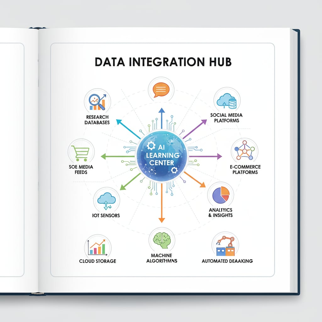 A diagram depicting an AI learning center collecting and analyzing data from different platforms, highlighting its role in data integration. Diagram showing an AI learning center's data collection and analysis process for enhanced teaching efficiency in K12 education