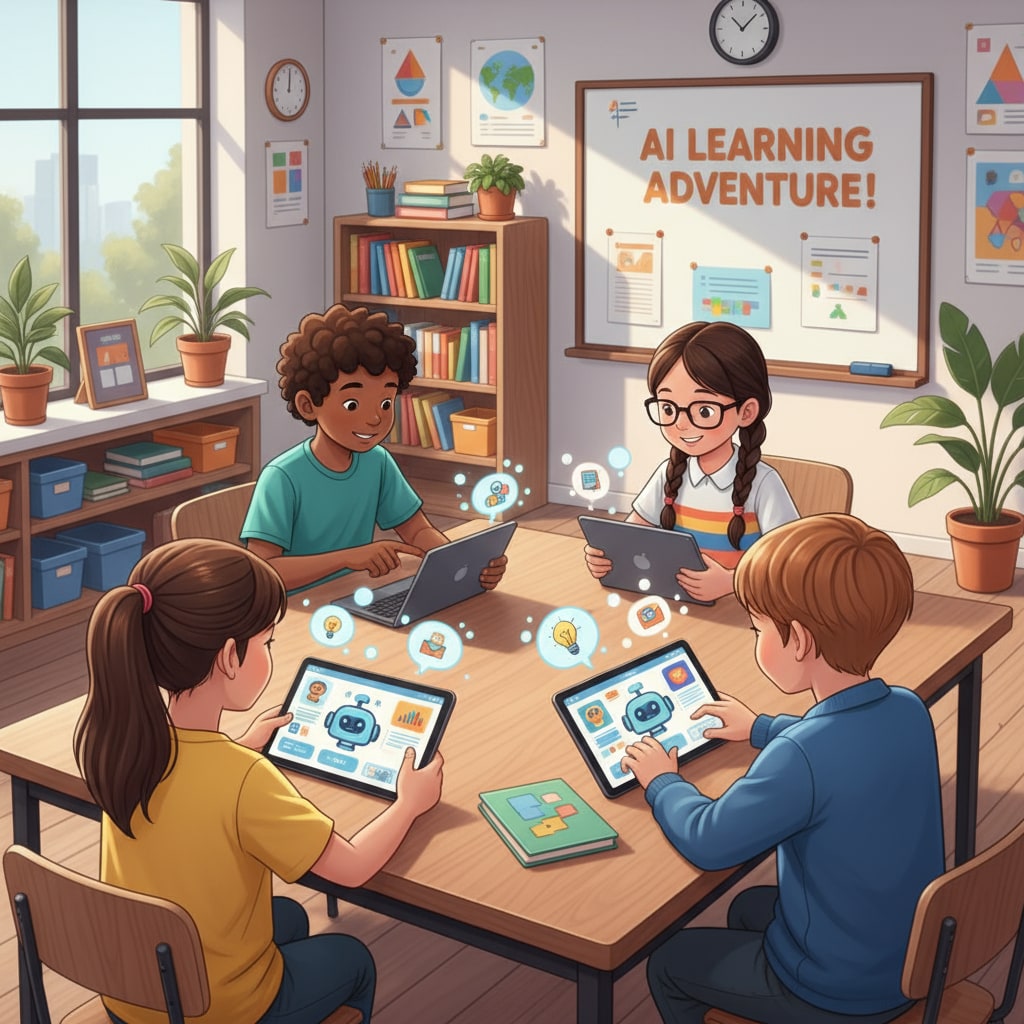 Students are gathered around a table, using tablets with AI educational apps during a class activity. Students using AI tools in a classroom