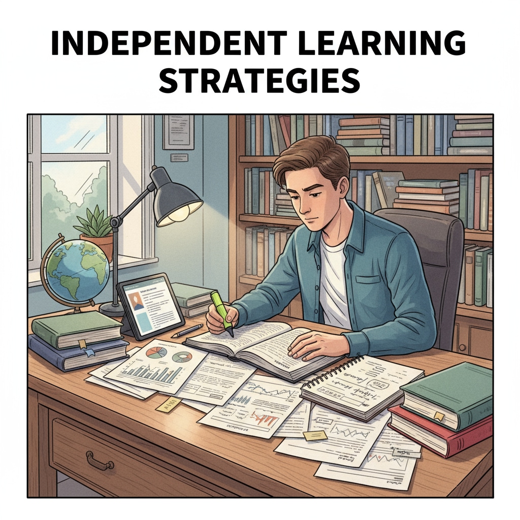 A student is sitting at a desk, surrounded by books and notes. The student is concentrating on studying independently. A student engaged in self-study, relevant to lectures, attention, and self-study