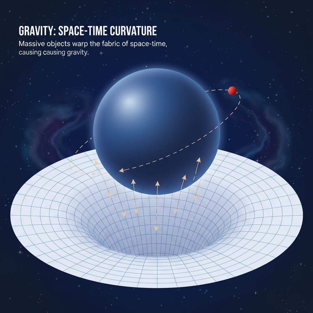A simple drawing that shows a large mass causing the fabric of space-time to bend, indicating the concept of gravity bending space-time. Illustration of gravity bending space-time, a key concept in understanding time warp due to gravity and its impact on daily life.