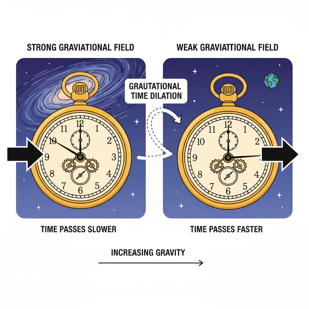 A diagram with two clocks, one in a strong gravitational field and one in a weak gravitational field, showing the difference in the rate at which time passes. Diagram showing the difference in time flow in strong and weak gravitational fields, related to time warp, gravity, and daily life.