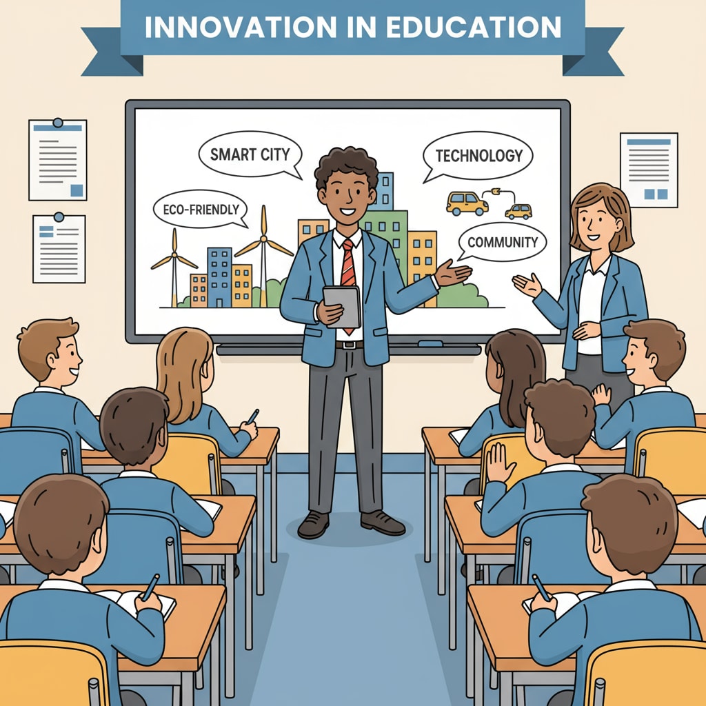 A single secondary school student is standing in front of the class, presenting an idea. This showcases the student's communication skills. A secondary school student presenting an idea to the class, highlighting communication skills