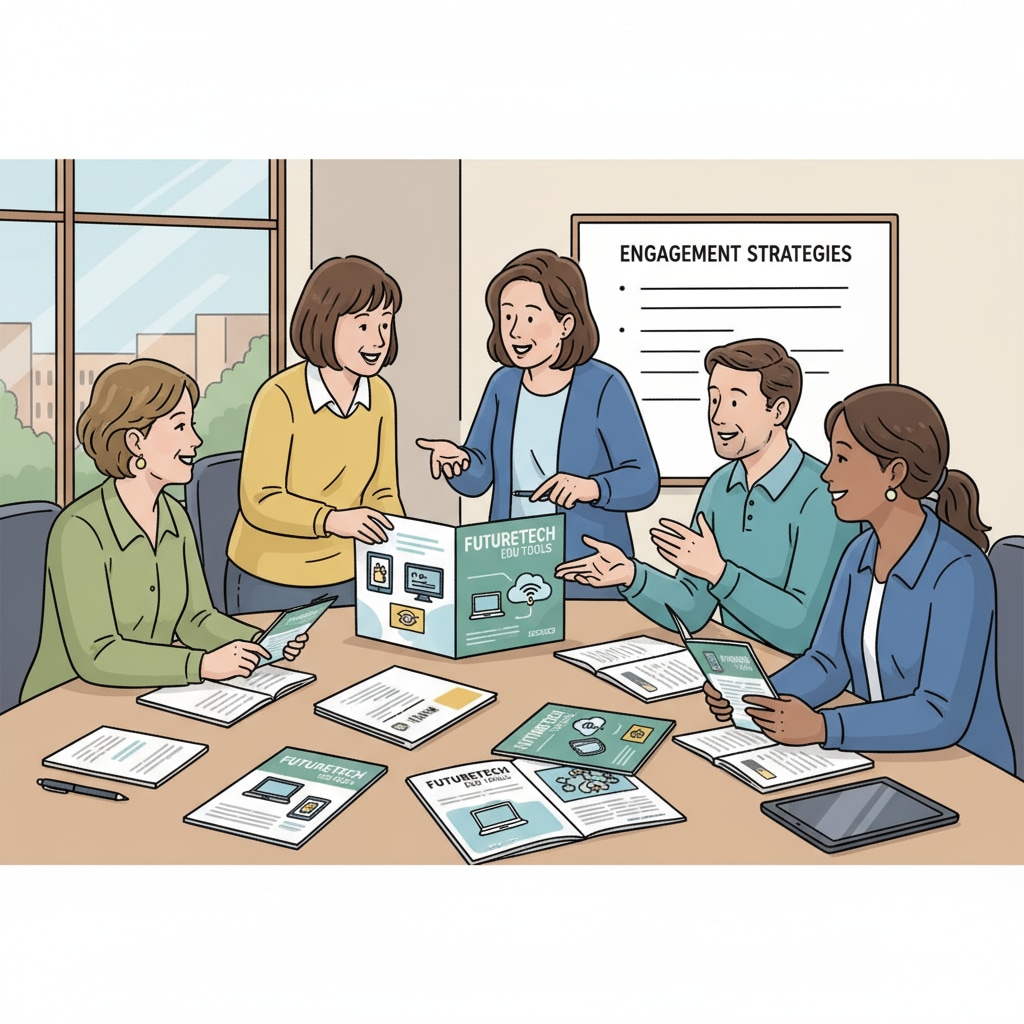 A group of K12 teachers are having a discussion in a meeting room, with educational technology tools brochures on the table. K12 teachers discussing educational technology tools as information sources for adoption.