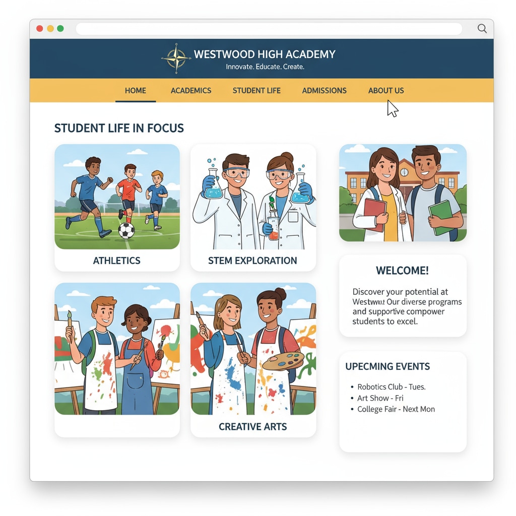 High school website with AI-generated images of students in different activities, highlighting educational ethics.