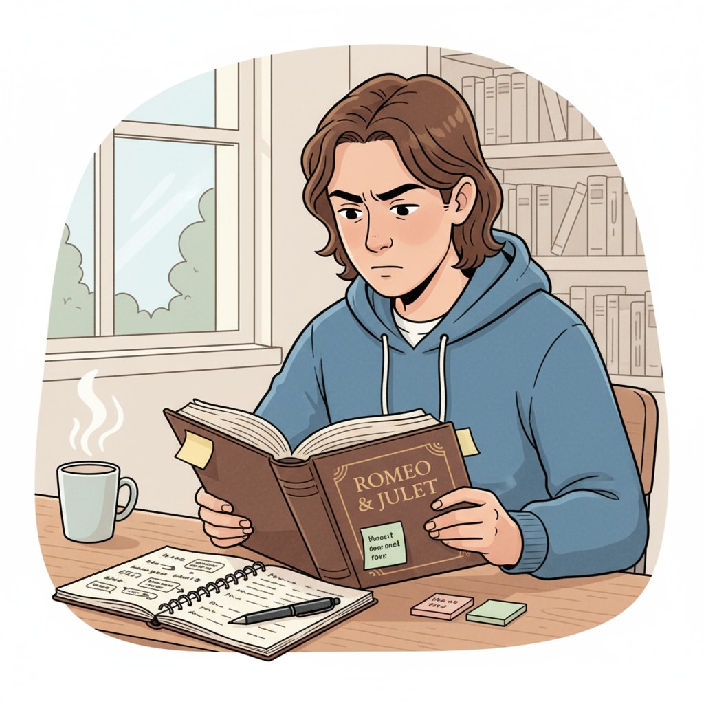 A student is sitting at a desk, reading a classic literature book with a focused expression. There are notes and a pen beside the book, indicating the student's active engagement with the text. A passionate student reading a literature book, potentially seeking to improve their skills for academic papers through online teaching and literature tutoring.