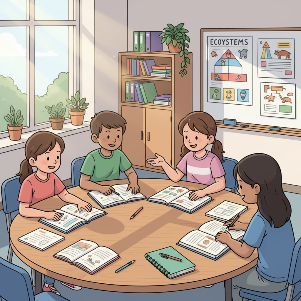 A group of K12 students are sitting around a table in a classroom, books open, discussing and studying together. K12 students engaged in exam revision and academic management