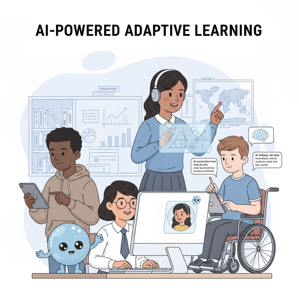 An illustration depicting students from various backgrounds, such as different ethnicities and socioeconomic statuses, all actively engaged in video learning with the help of AI. The AI is shown as a friendly digital assistant providing support. Students from different backgrounds benefiting from AI in video teaching
