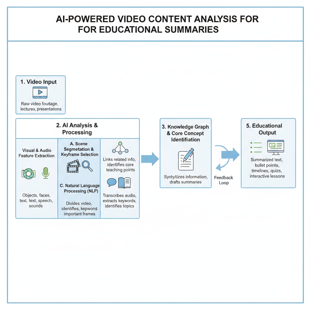 A diagram with arrows and text showing the process of how AI analyzes video content, selects key points, and generates summaries for video teaching. A diagram showing how AI generates key point summaries for video teaching