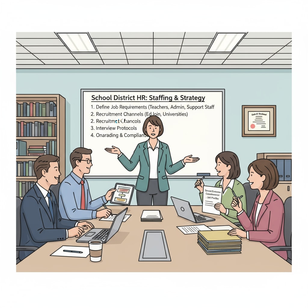 A group of HR professionals are having a meeting, discussing job requirements and strategies for school district HR work. There are papers and laptops on the table. HR professionals discussing school district HR job nature and responsibilities