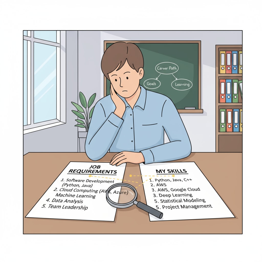 A person is sitting at a desk, carefully looking at job requirements and comparing them with their own skills, with a thoughtful expression on their face. Person evaluating their skills against school district HR job requirements during career transition