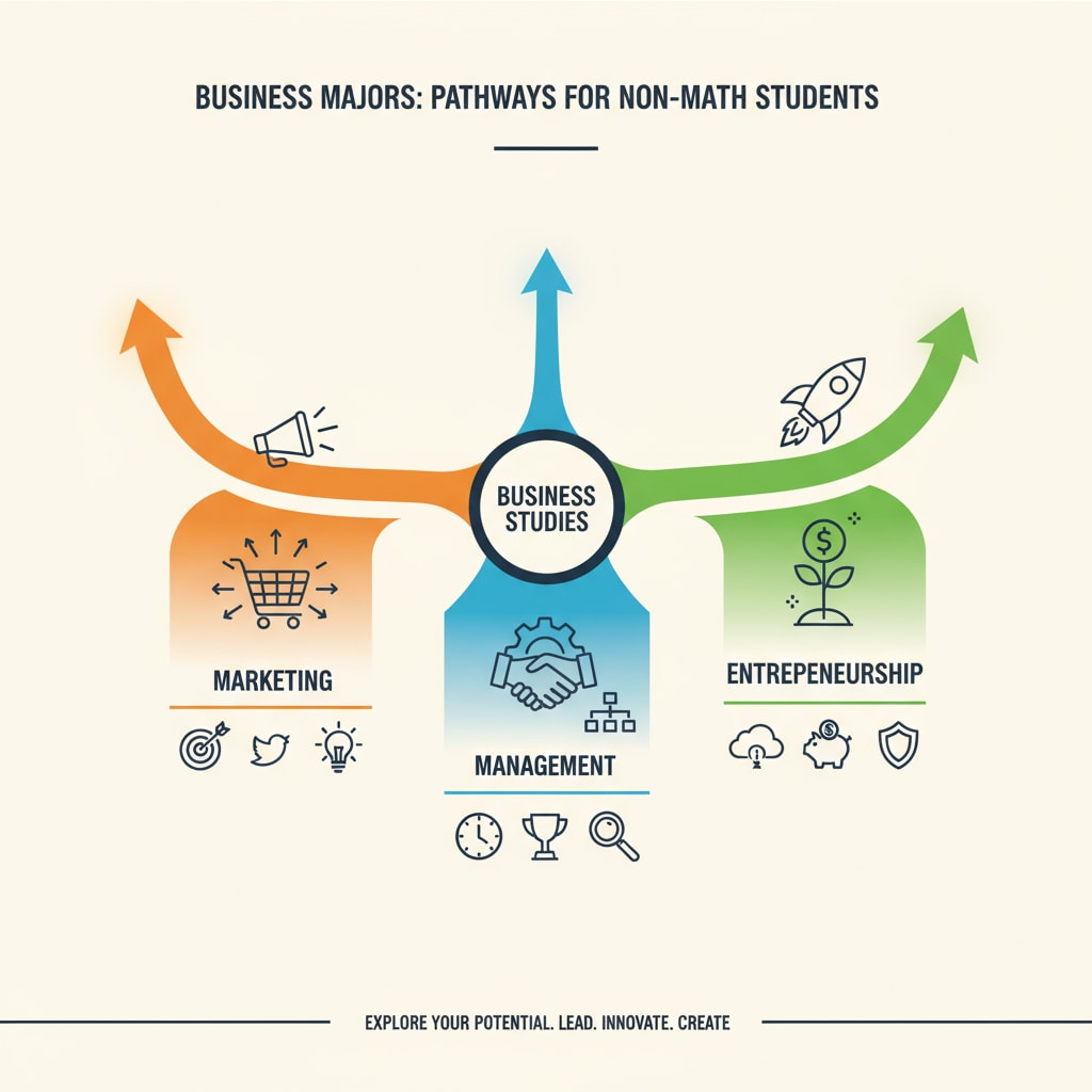 An illustration depicting various business majors with symbols representing marketing, management, and entrepreneurship to show the different paths available for non-math students. Business majors options for non-math students in higher education and career planning
