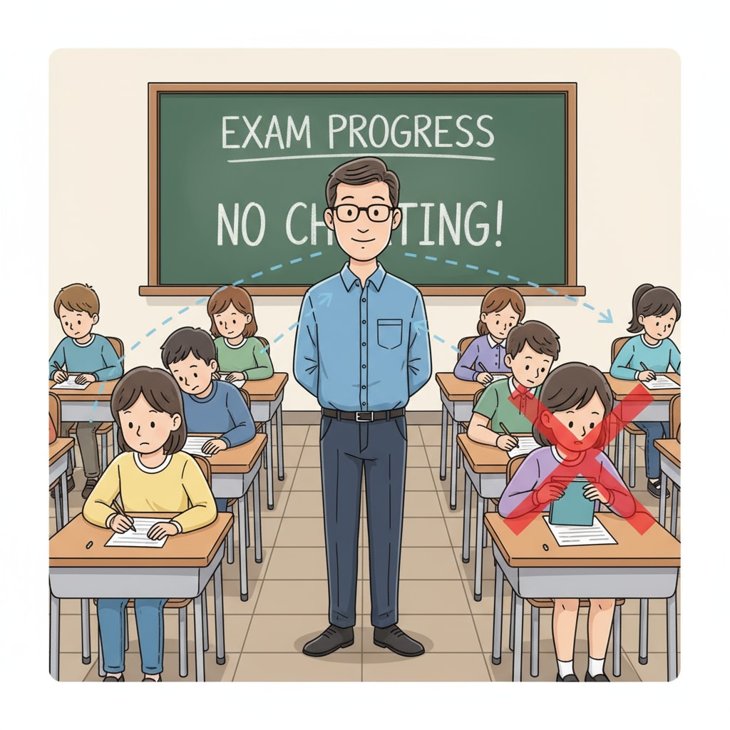 An invigilator observing students during a test to maintain integrity, associated with test invigilators, work experiences, and career inquiries.