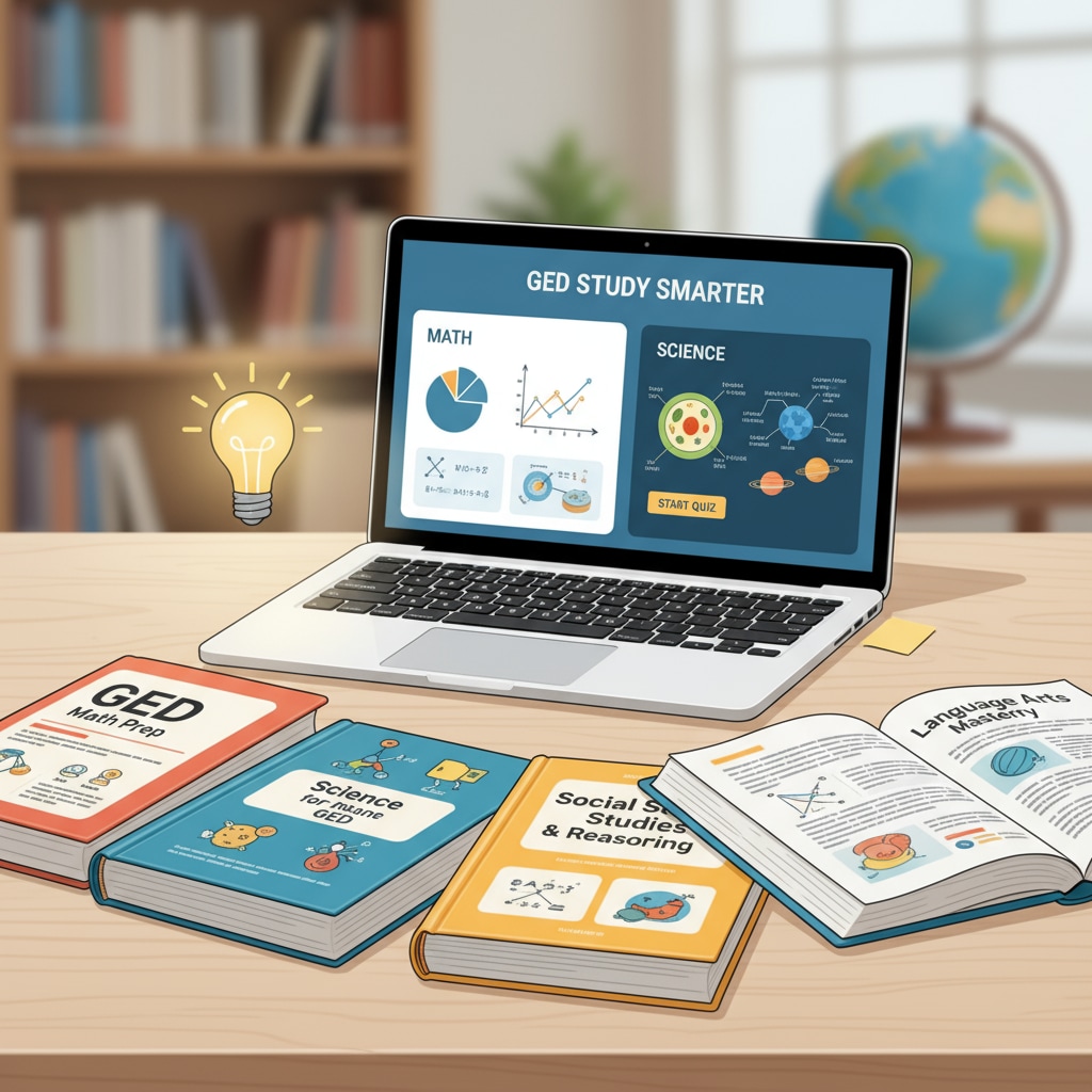 A group of study books and a laptop screen showing GED math and science study materials Study materials for GED math and science exams
