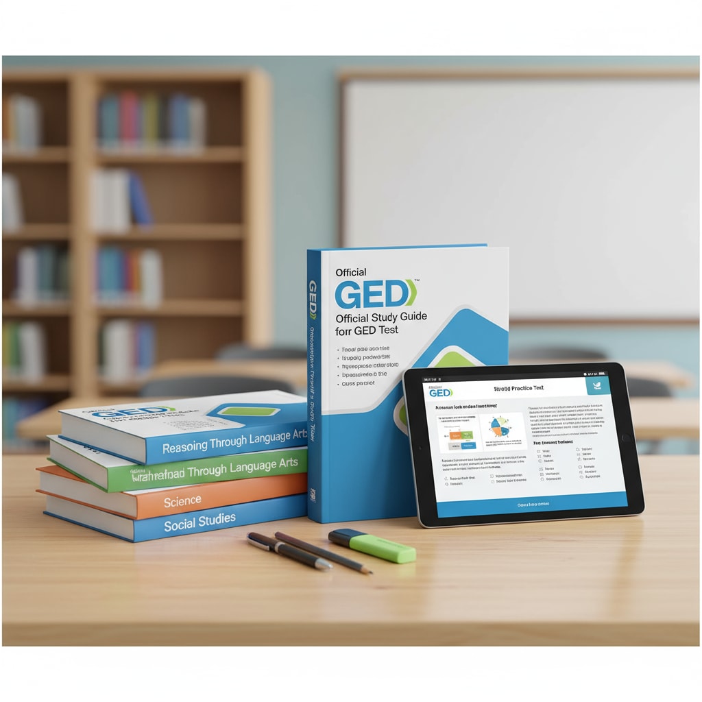 Official GED study guides displayed on a table Official GED study guides for math and science