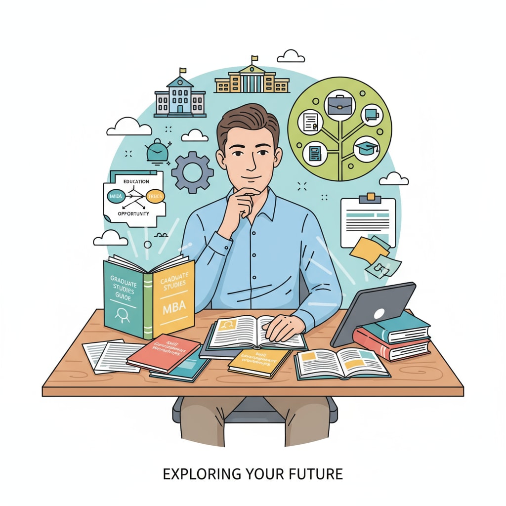 A young professional is sitting at a desk, surrounded by educational brochures and career guides, looking thoughtful as they consider their options for further education and career development. A young professional evaluating career development and further education options