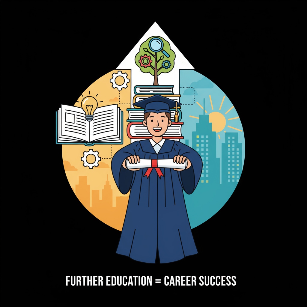A person in a graduation gown is smiling brightly while holding a diploma, representing the achievement and potential benefits of further education for career development. A person celebrating the successful completion of further education for career advancement