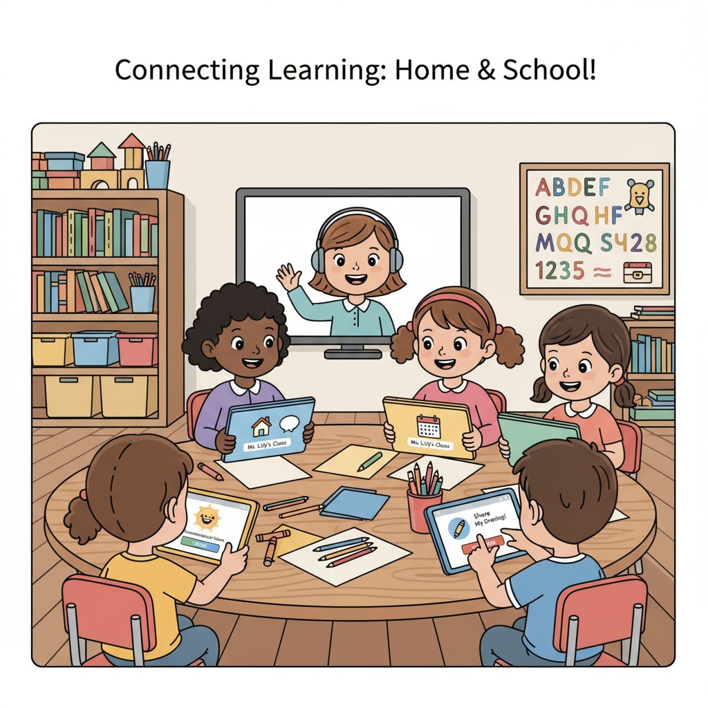 A group of preschoolers using tablets to interact with a home-school communication platform Preschoolers using tablets for home-school communication with Parentsquare, Peachjar, Securely