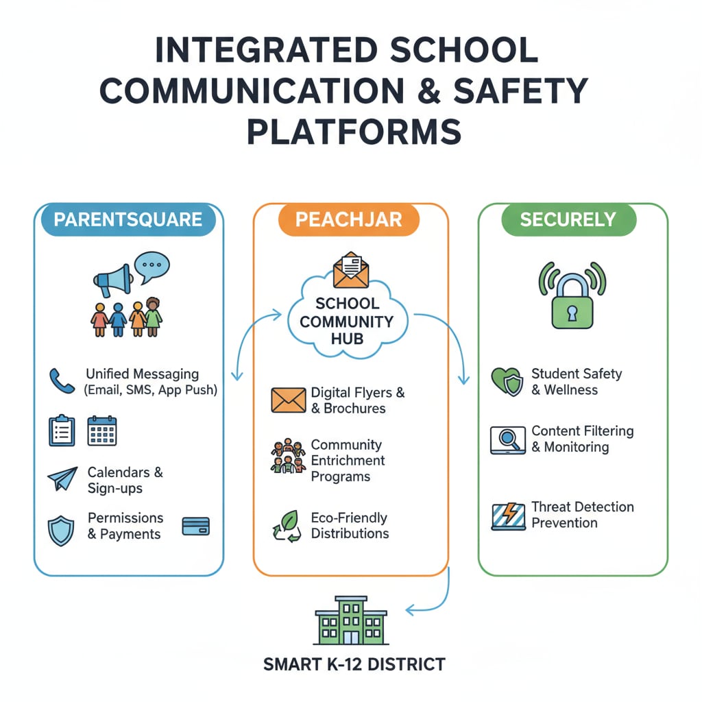 A visual representation of the features of Parentsquare, Peachjar, and Securely Visual features of Parentsquare, Peachjar, and Securely in preschool communication