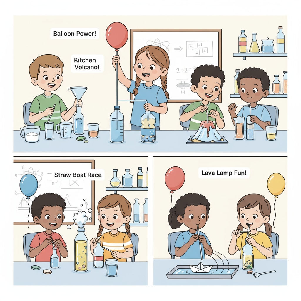 Children are actively involved in conducting simple science experiments. They are using common household items such as plastic bottles, balloons, and straws to create various setups for their experiments. Young students engaged in elementary school science experiments demonstrating scientific methods