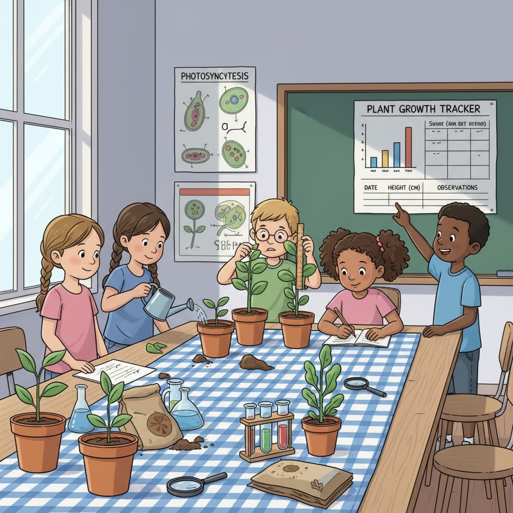 A group of students is carefully tending to a plant growth experiment. They are watering the plants, measuring the height of the plants, and writing down their observations, which is an important part of scientific inquiry in elementary school science projects. Students conducting a plant growth experiment as part of elementary school science exhibition projects