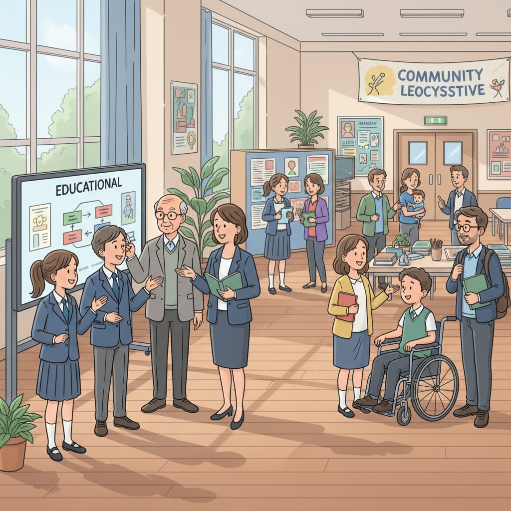 A group of students, teachers, and community members are engaged in a lively discussion in a school hall, highlighting the interaction between different stakeholders in the education system. Interaction among students, teachers, and community members in the context of education policy, accountability system, and school management