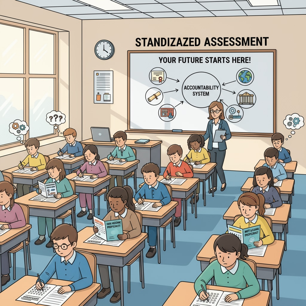 A classroom scene where students are taking a standardized test, which is a key aspect of the education accountability system. Students taking a standardized test as part of education policy, accountability system, and school management