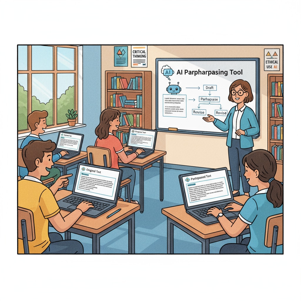 Students using AI paraphrasing tools in a classroom related to AI detectors and manual input