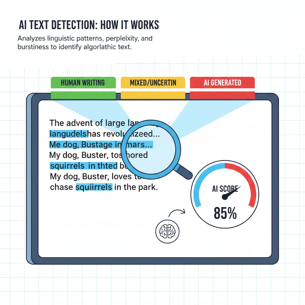 Diagram of AI detection technology analyzing text relevant to AI detectors and manual input