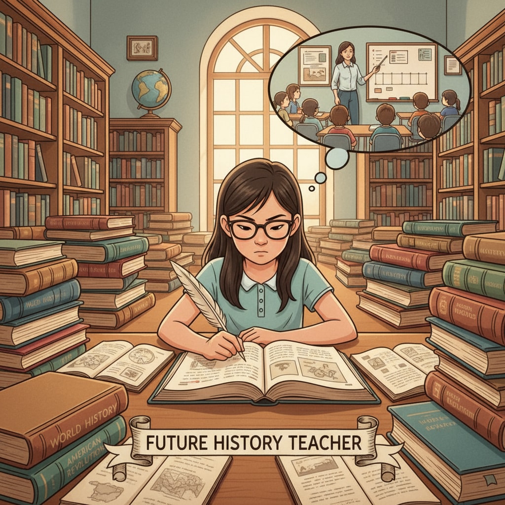 Student studying history books for future as a history teacher in context of teaching profession and university application