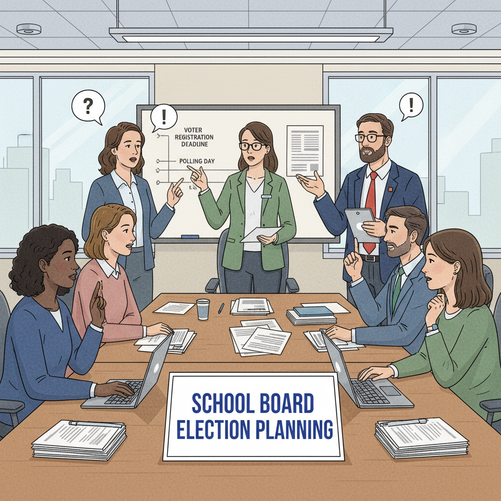 A group of people are having a serious discussion around a table with a sign that reads 'School Board Election Planning'. The atmosphere seems tense as they debate various points related to the upcoming elections. School board election planning discussion with a tense atmosphere related to school boards, election conflicts, and political civility