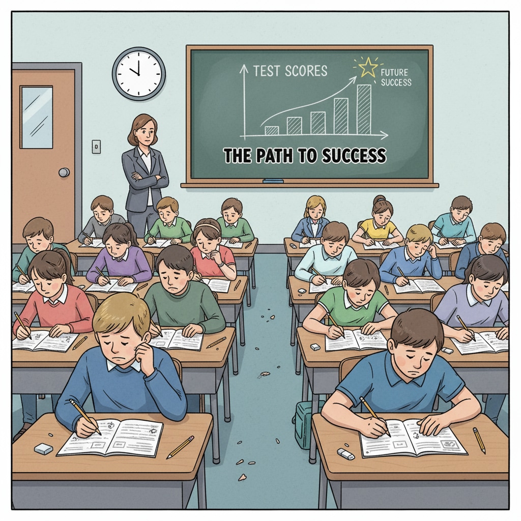 Classroom scene with students taking a test related to education funds, test scores, and public schools