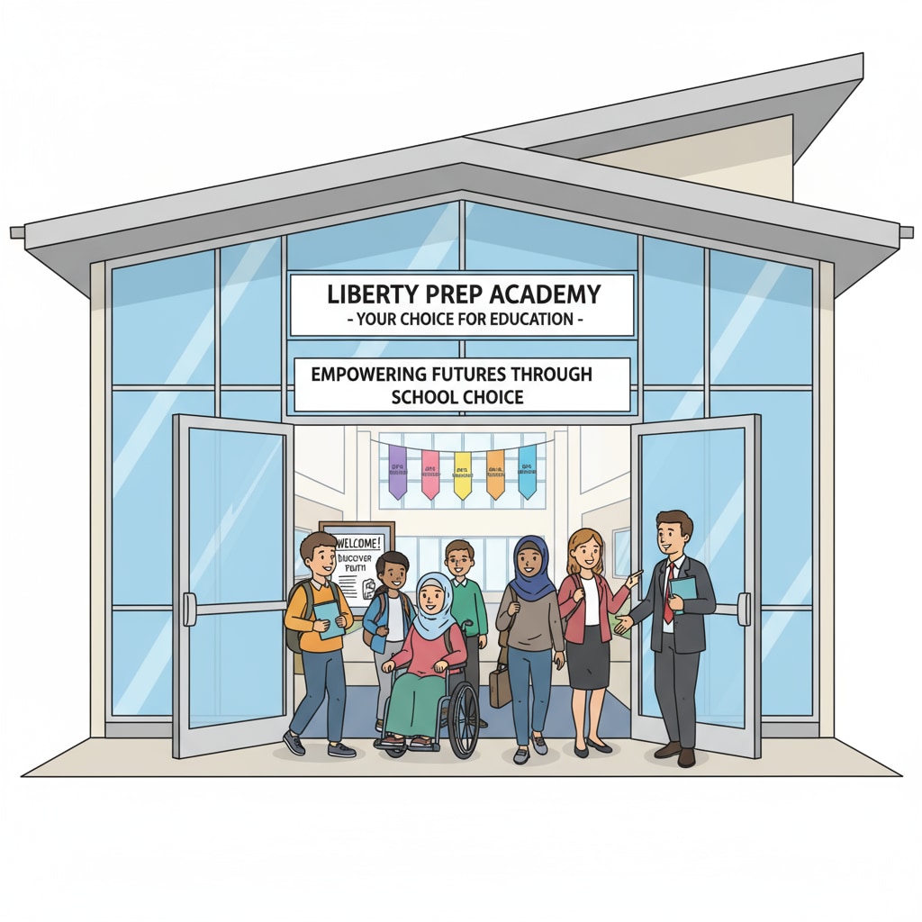 Diverse students entering a charter school as part of the school choice and education policy landscape