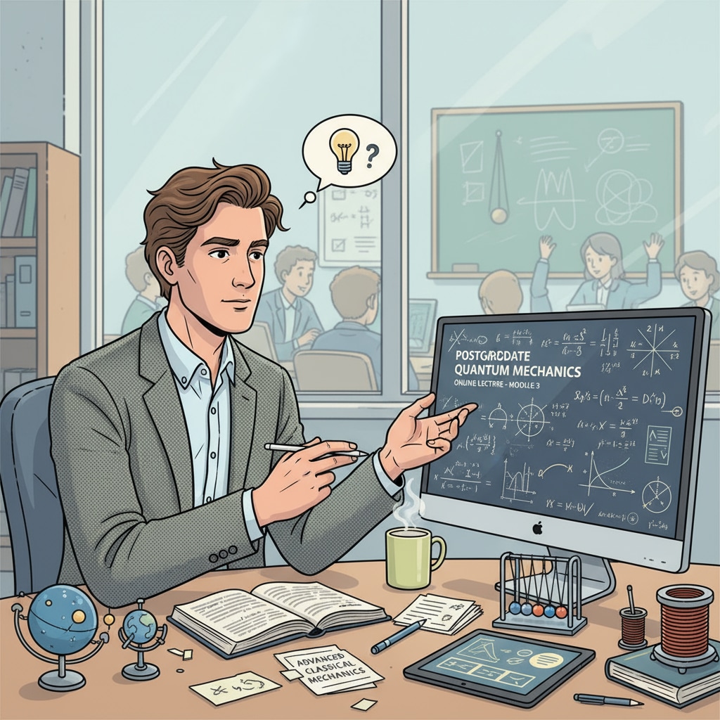 A physics teacher is studying online courses. The computer screen shows physics equations and graphs, indicating the learning process of postgraduate courses while fulfilling teaching duties. A physics teacher engaged in part-time postgraduate study through online courses