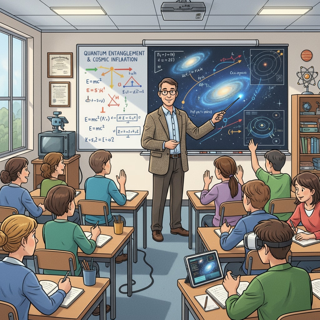 A physics teacher is teaching a complex physics concept to students. The students are showing great interest, suggesting the positive impact of enhanced knowledge from postgraduate study on teaching. A physics teacher applying postgraduate knowledge in the classroom